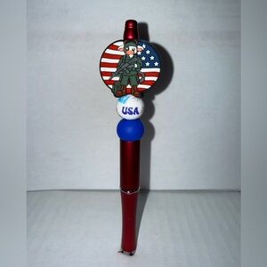 Handmade Beaded Pen- Patriotic Red Pen with Cow Soldier Design and silicone bead
